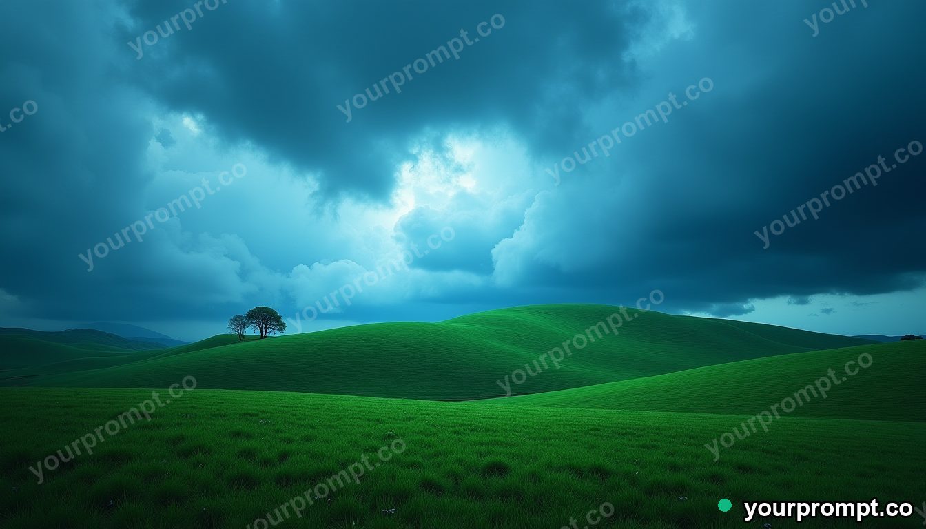 Rolling green hills under a dramatic stormy sky in extreme macro photography style — AI-generated image from a text prompt