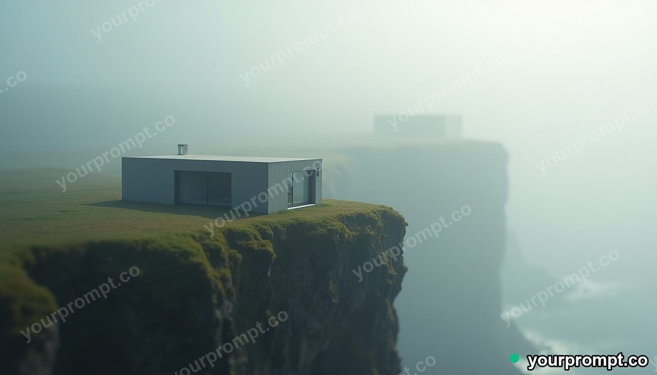 A minimalist concrete house on a misty cliff