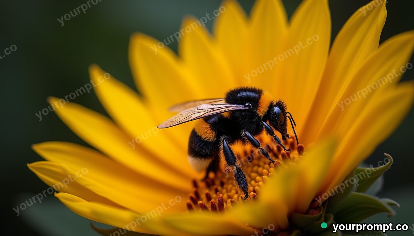 A bumblebee dusted with pollen on a sunflower in ethereal long-exposure style — AI-generated image from a text prompt