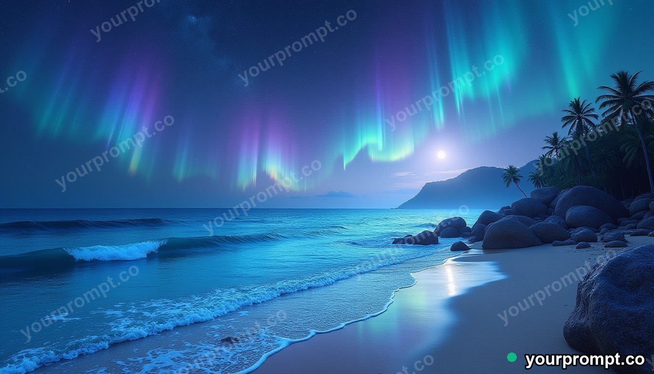 A surreal beach where the sea is liquid starlight