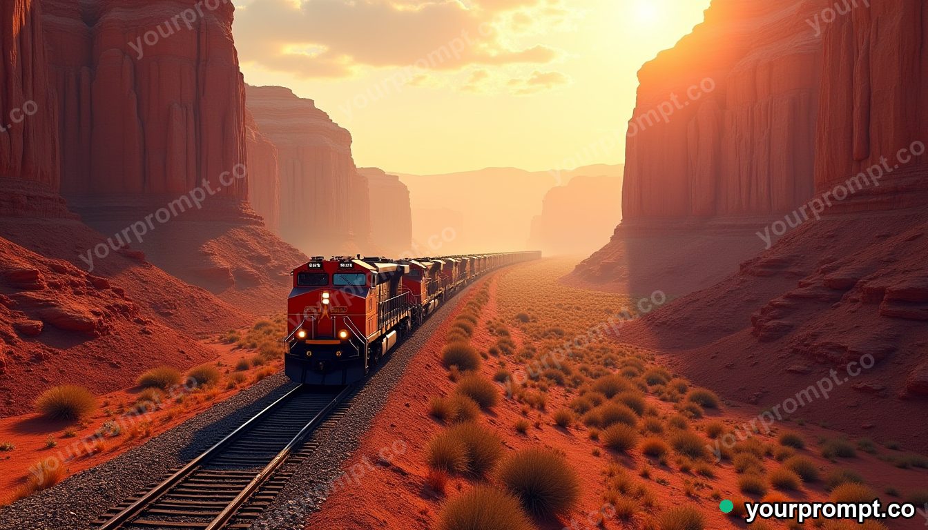 A freight train winding through a red desert canyon