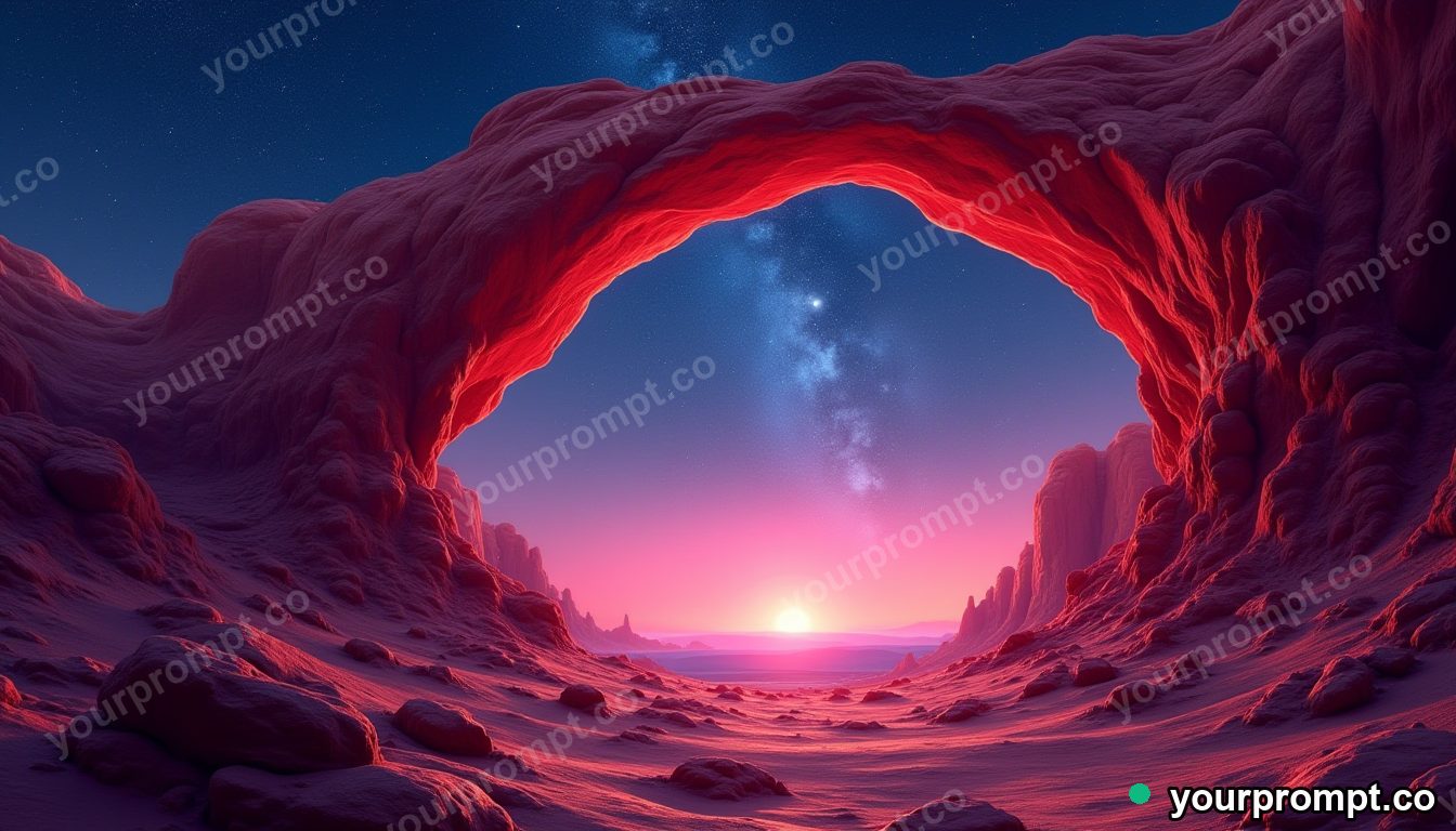 A red-rock desert arch under a starry sky