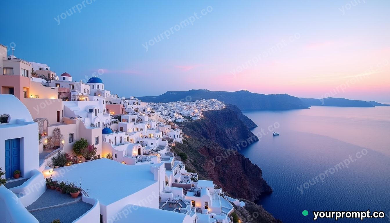 A white-and-blue Santorini cliffside at sunset