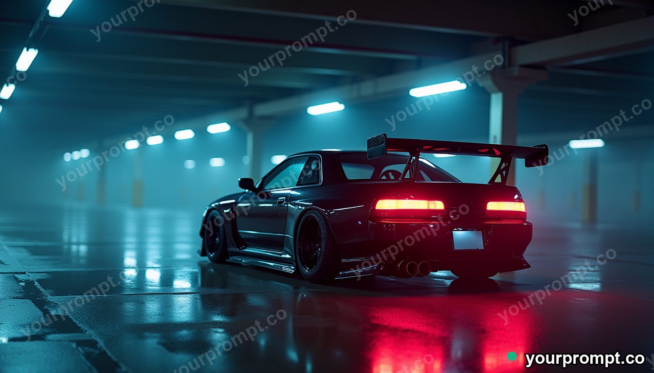 A JDM drift car with neon underglow in a parking garage in vintage film photograph style — AI-generated image from a text prompt