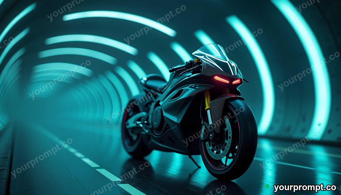 A futuristic electric superbike in a neon tunnel