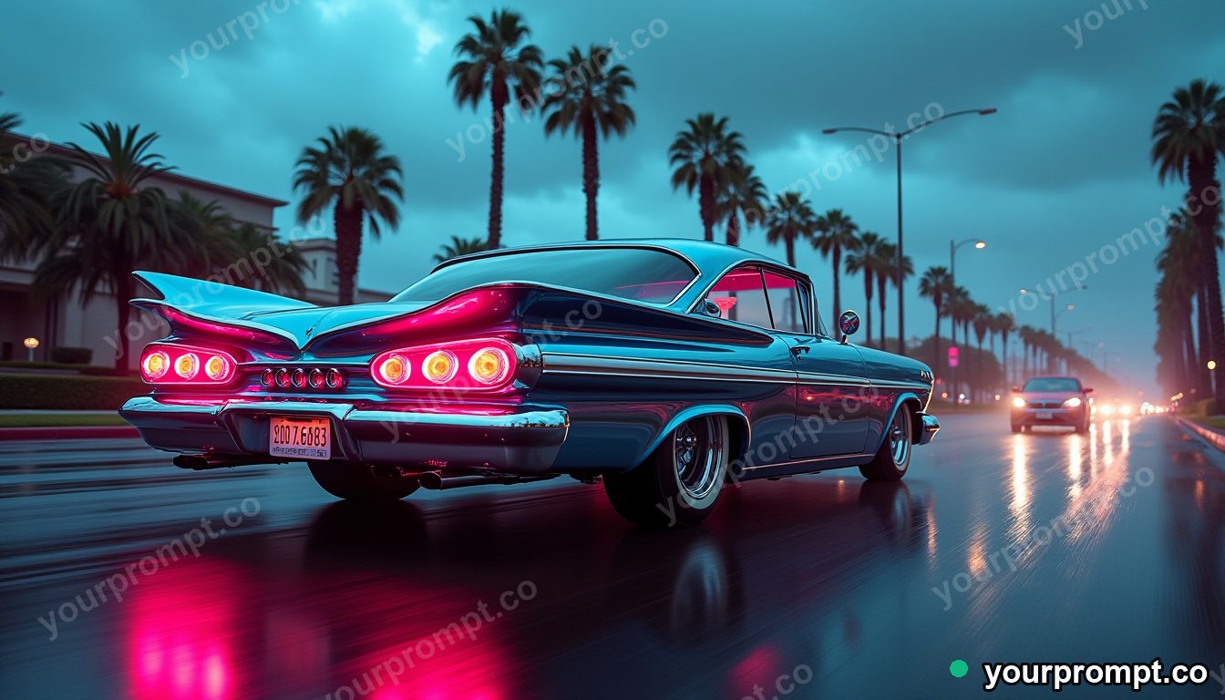 A chrome lowrider cruising a palm-lined boulevard in neon cyberpunk style — AI-generated image from a text prompt