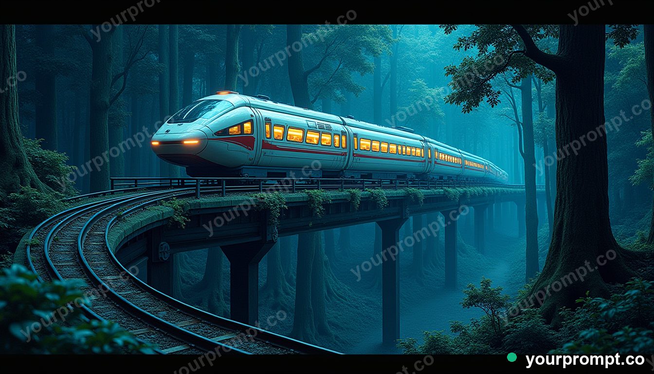 A futuristic pod monorail curving through jungle