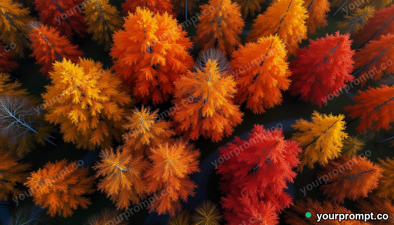 A top-down view of autumn treetops in fiery colors in studio product photography style — AI-generated image from a text prompt