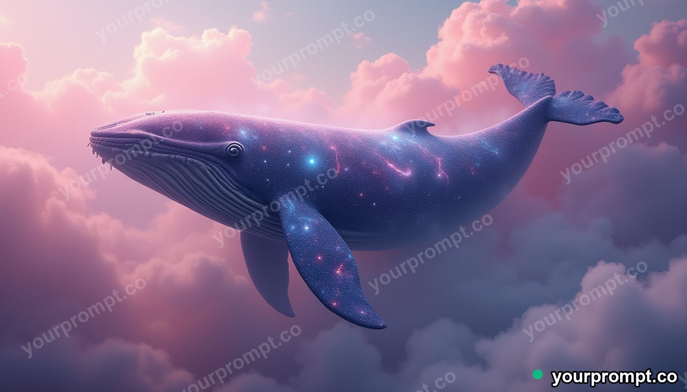 A whale made of swirling galaxies drifting through pink clouds in rich oil painting style — AI-generated image from a text prompt