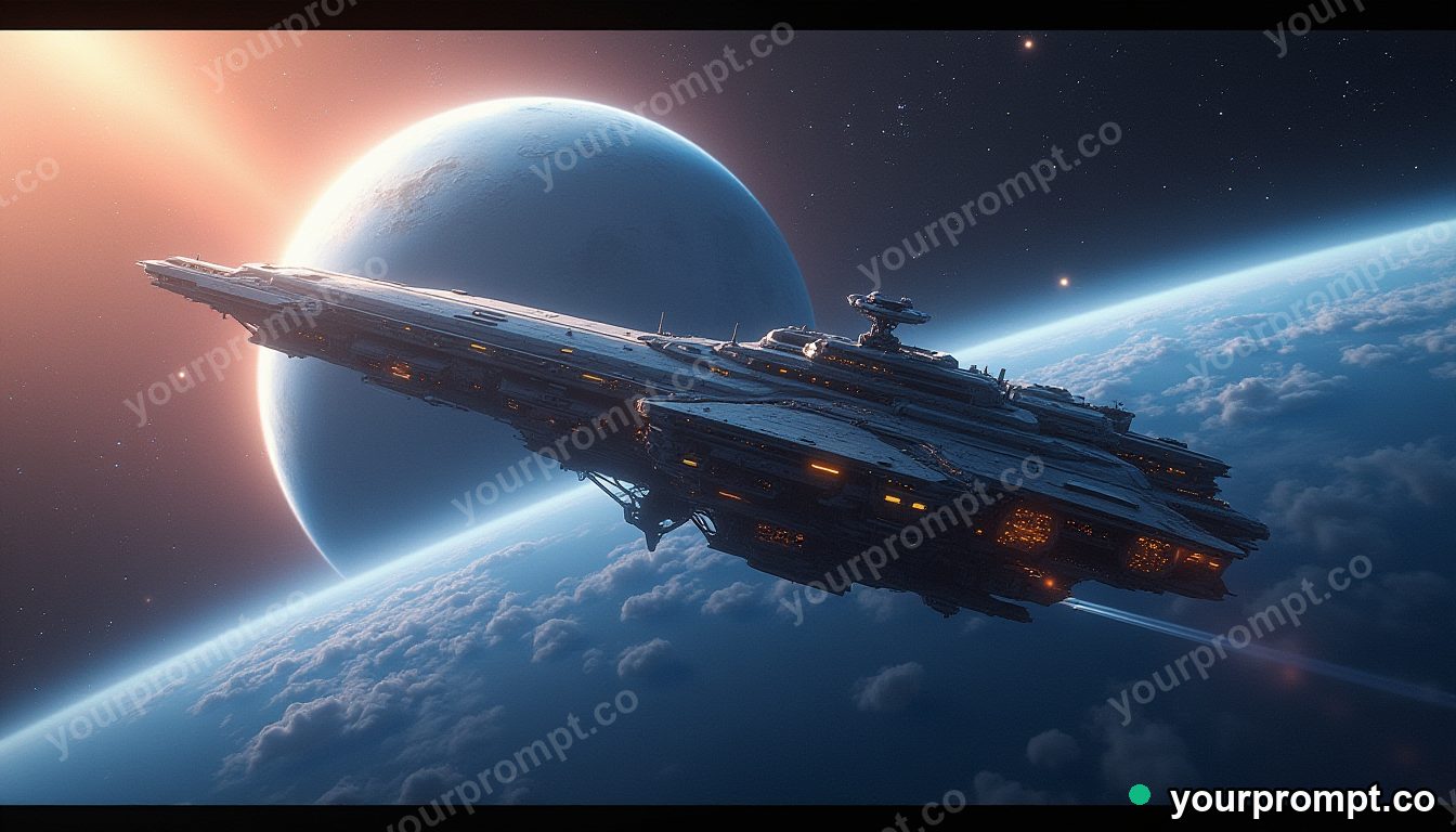 A futuristic space station orbiting a blue planet in airbrushed retro sci-fi style — AI-generated image from a text prompt