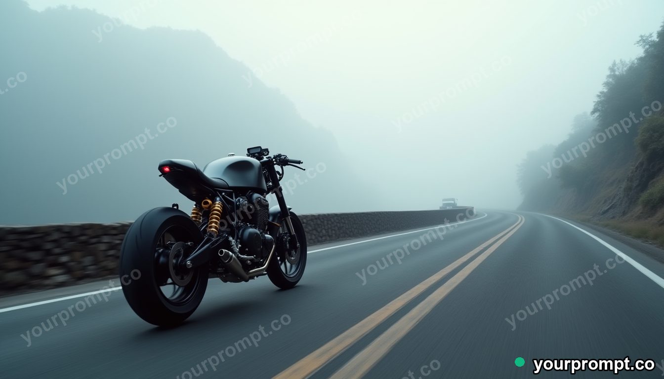 A cafe-racer motorcycle on a foggy mountain road