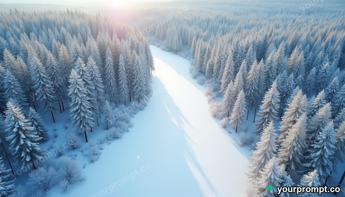 An aerial view of a snow-covered forest cut by a frozen river in vintage film photograph style — AI-generated image from a text prompt