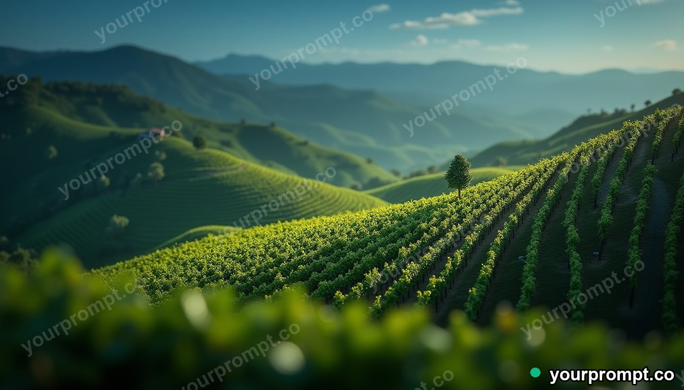 A bird's-eye view of a terraced vineyard on rolling hills in tilt-shift miniature style — AI-generated image from a text prompt