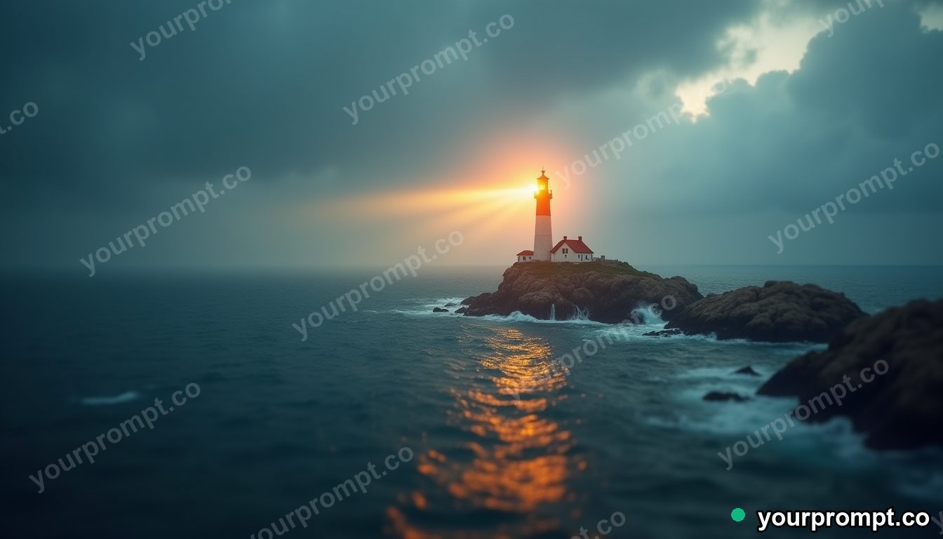 A lone lighthouse beam sweeping a dark stormy sea