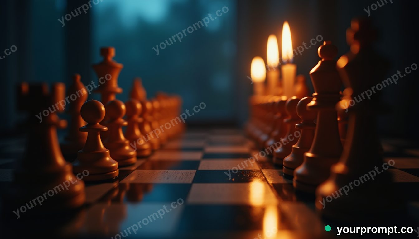A candlelit chessboard mid-game