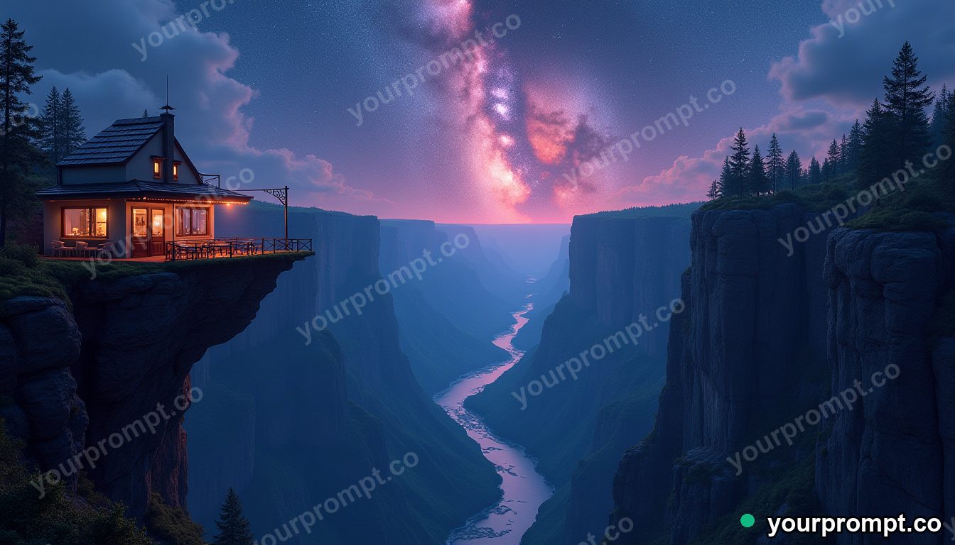A cliff edge cafe overlooking a galaxy-filled canyon
