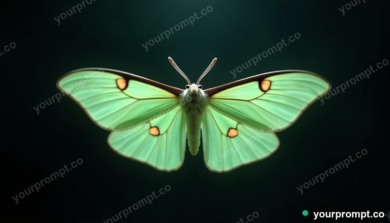A luna moth with pale green wings at night in hyperrealistic style — AI-generated image from a text prompt
