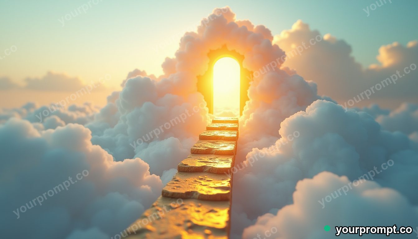 A staircase of clouds leading to a golden doorway