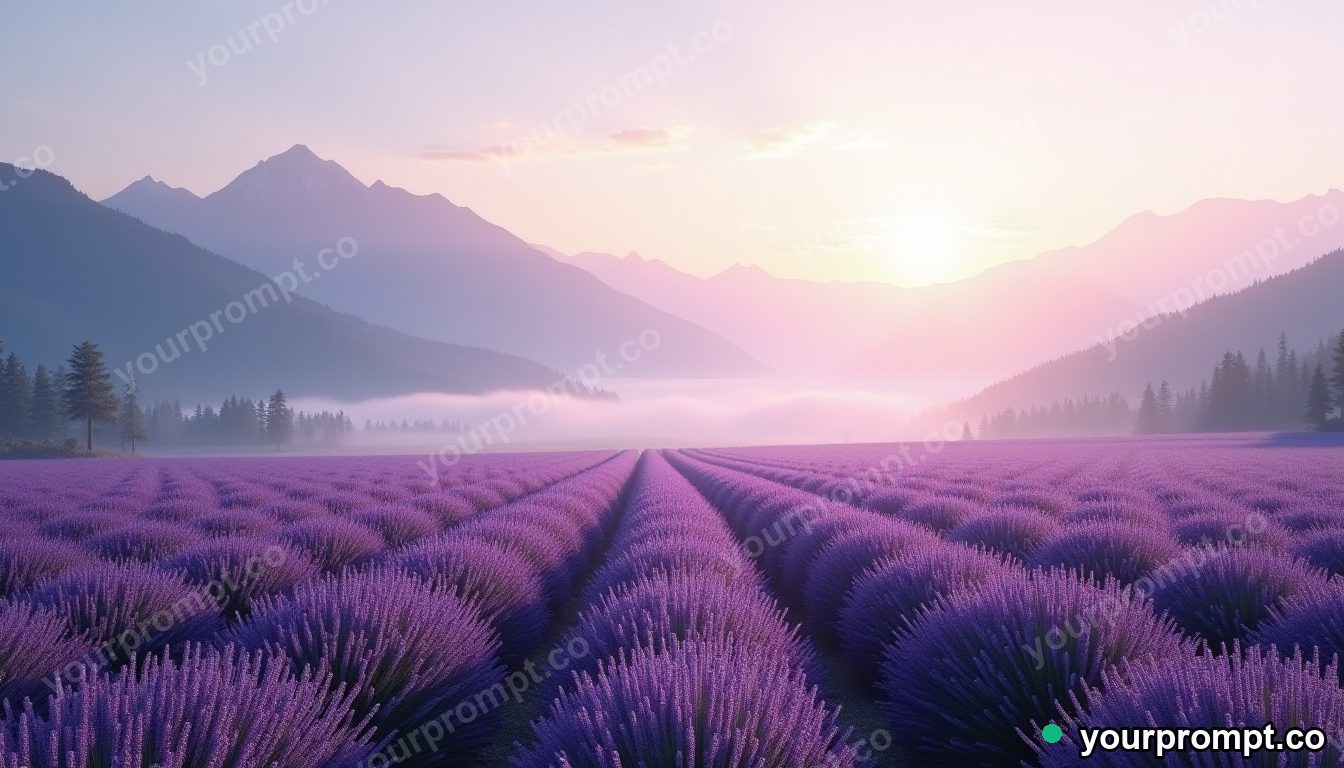 A lavender field stretching to misty mountains in epic fantasy concept art style — AI-generated image from a text prompt