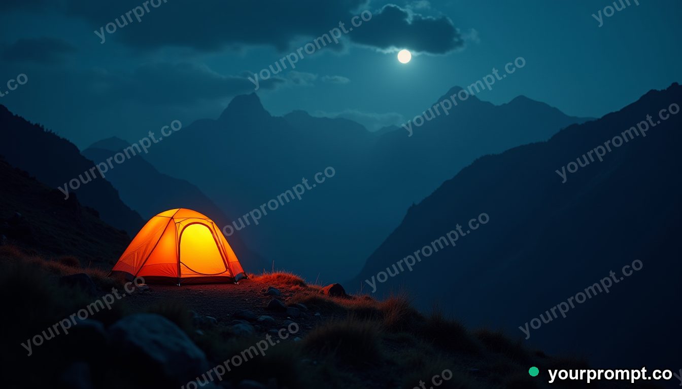 A tent glowing warmly on a dark mountainside