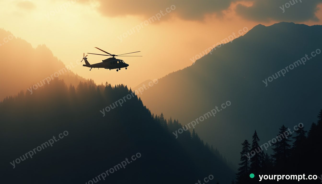 A rescue helicopter hovering above a mountain ridge