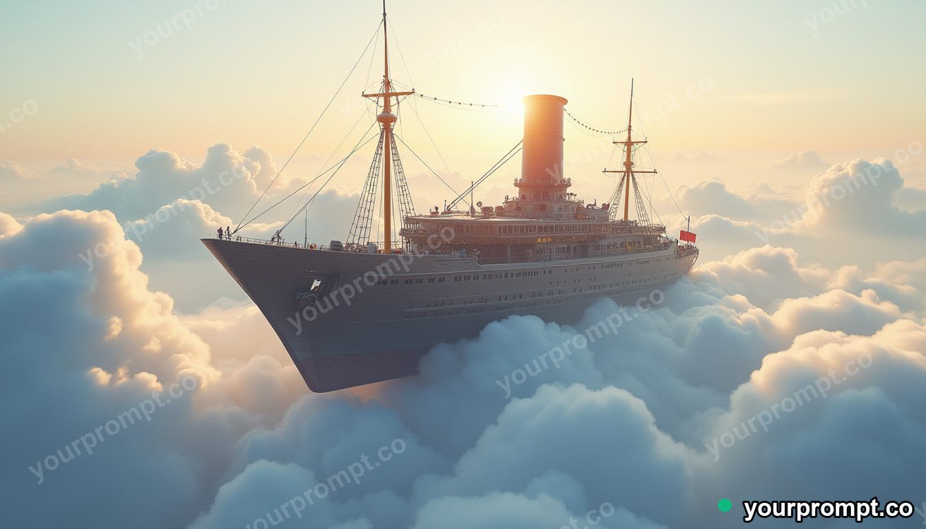 A steampunk airship docking at a cloud city