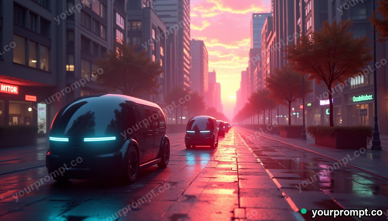 A smart city street with self-driving pods at dusk
