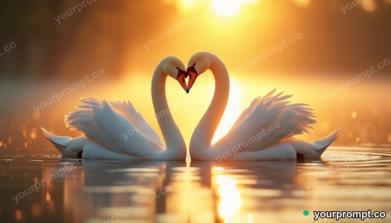 A pair of swans forming a heart on still water in warm storybook illustration style — AI-generated image from a text prompt