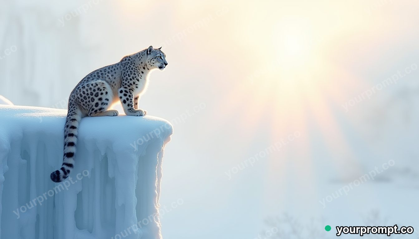 A snow leopard on a frozen cliff at dawn