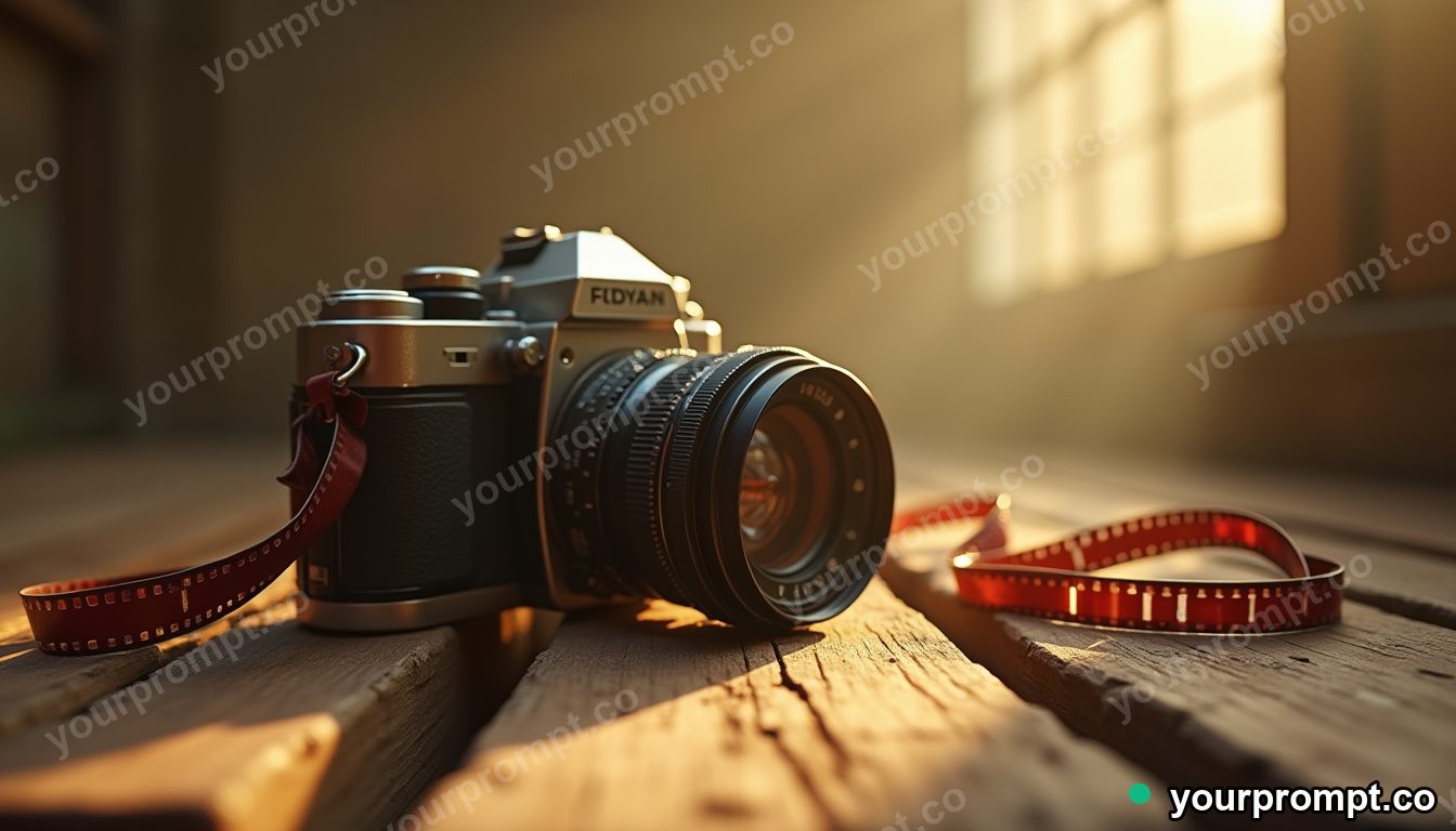 A vintage camera and film rolls on weathered wood