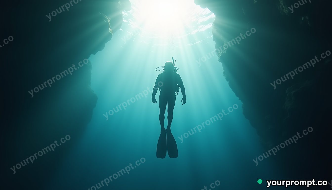 A diver silhouetted in a cathedral of light underwater
