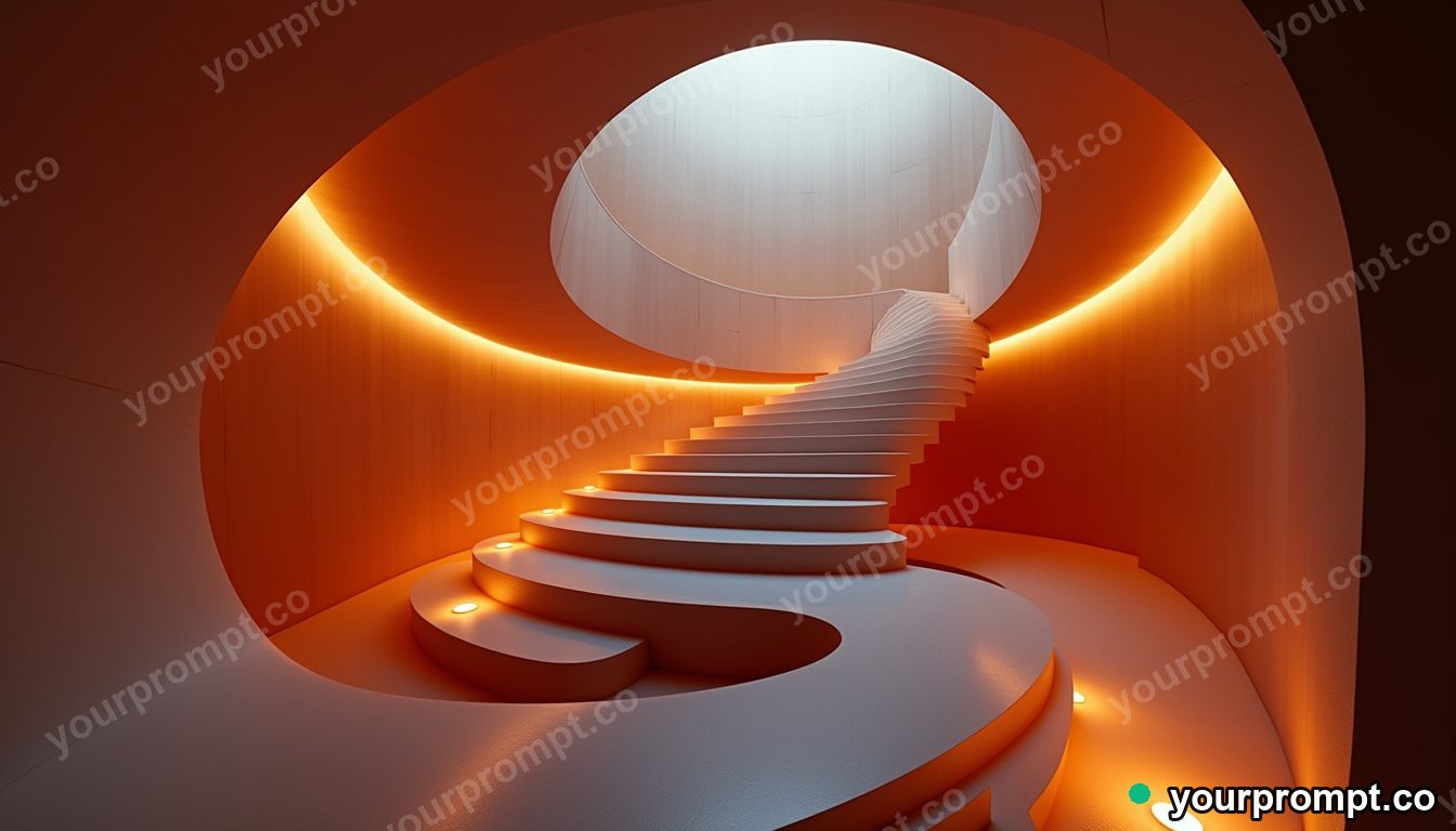 A staircase looping impossibly into itself in zero gravity in photorealistic style — AI-generated image from a text prompt