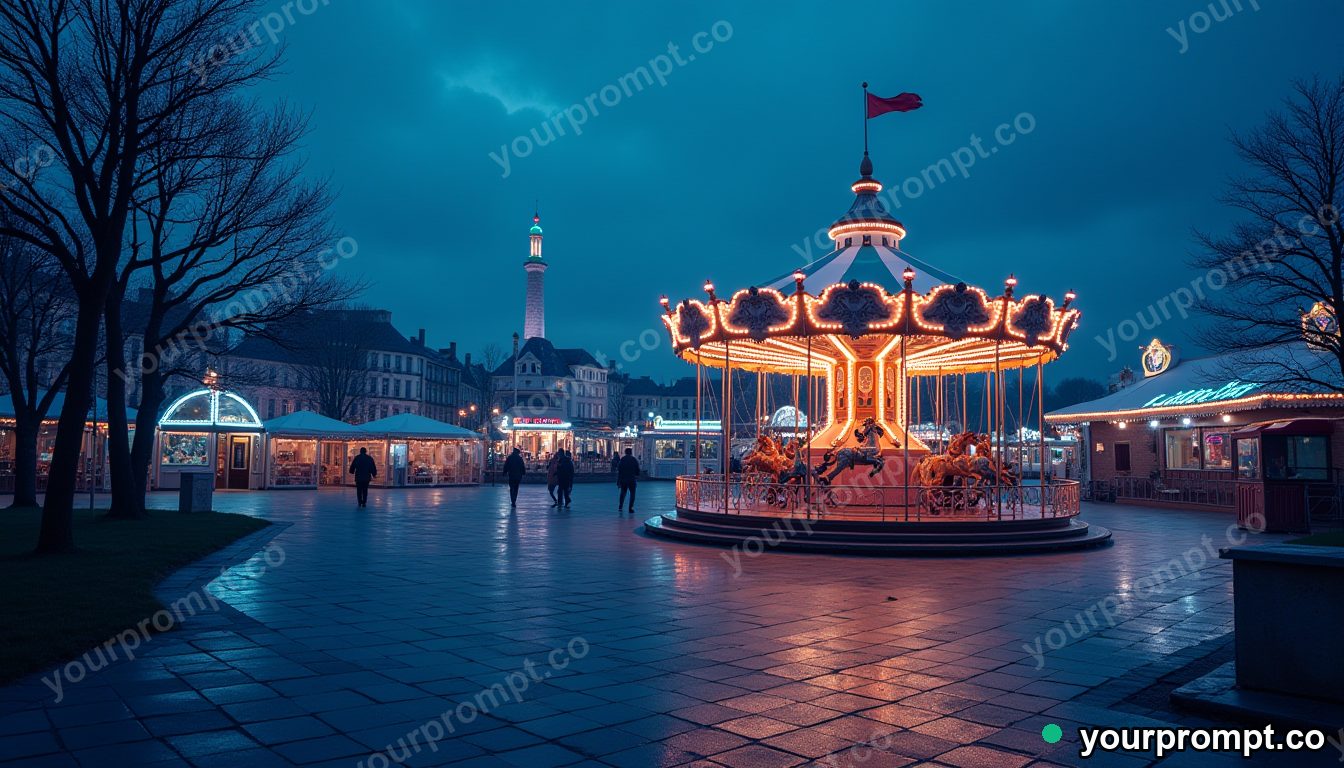 A glowing carousel turning in an empty night fair