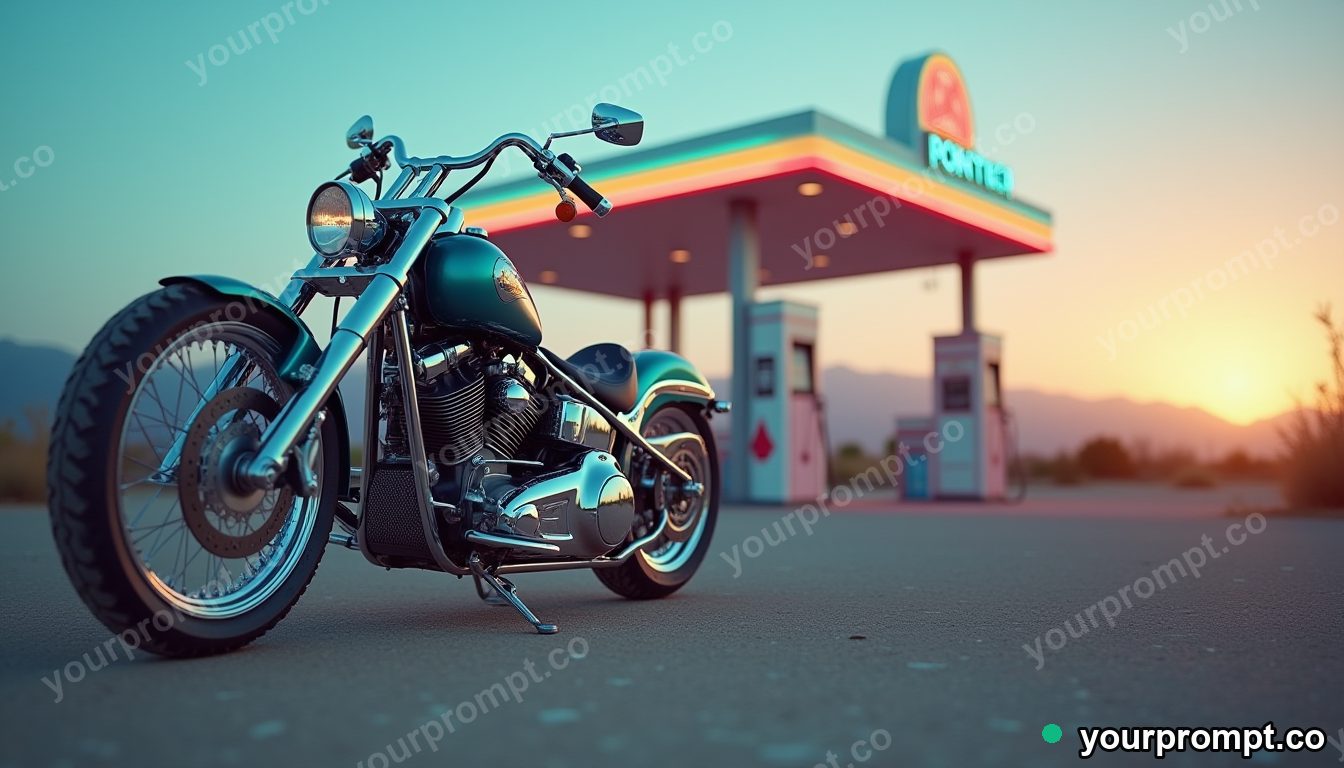 A chrome cruiser bike at a desert gas station at dusk