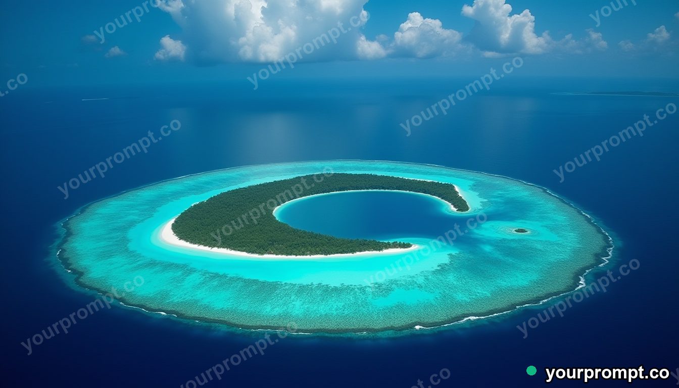 An aerial view of a tropical atoll ringed by reef in bold pop-art style — AI-generated image from a text prompt