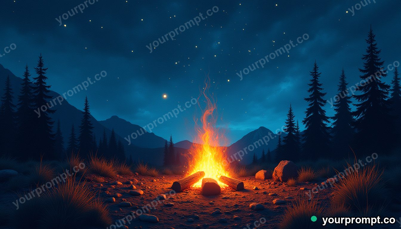 A glowing campfire under a sky full of stars