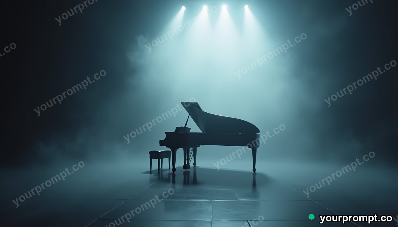 A grand piano on a foggy stage under a single spotlight