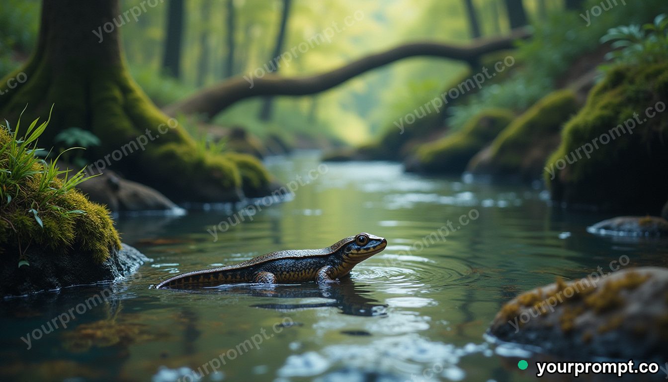 A newt swimming in a clear forest stream