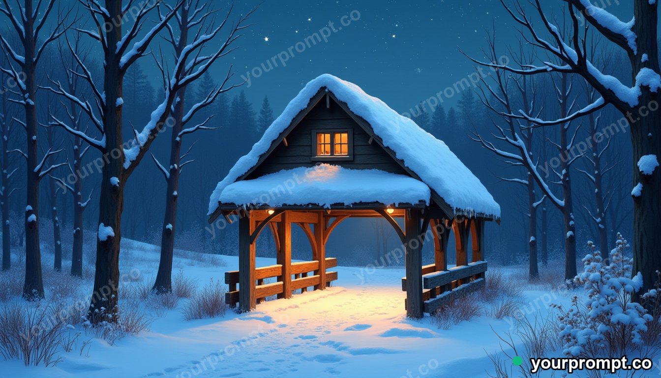 A snow-covered covered bridge in a quiet wood