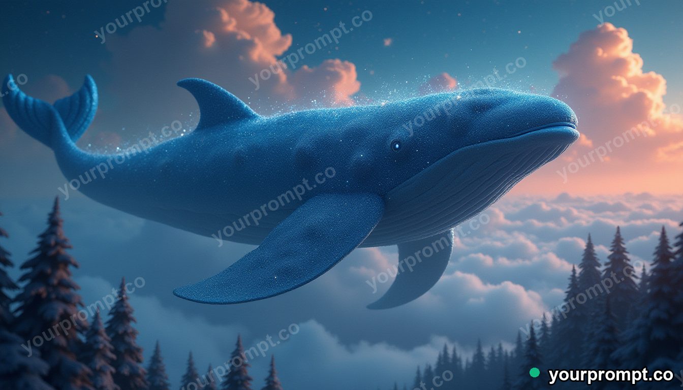 A colossal sky whale drifting above a fantasy kingdom