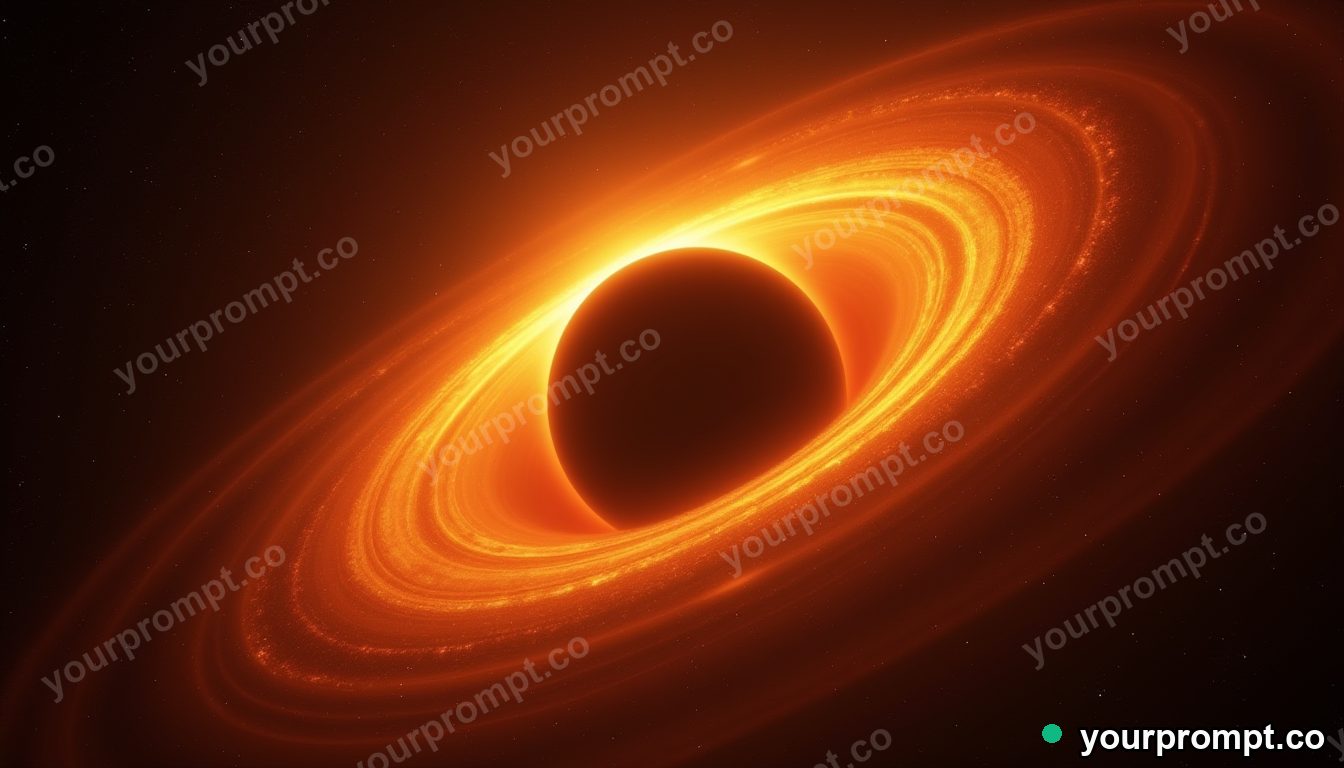 A black hole bending light around its glowing disk in golden-hour photography style — AI-generated image from a text prompt