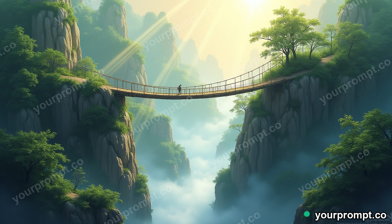 An old rope bridge over a jungle gorge