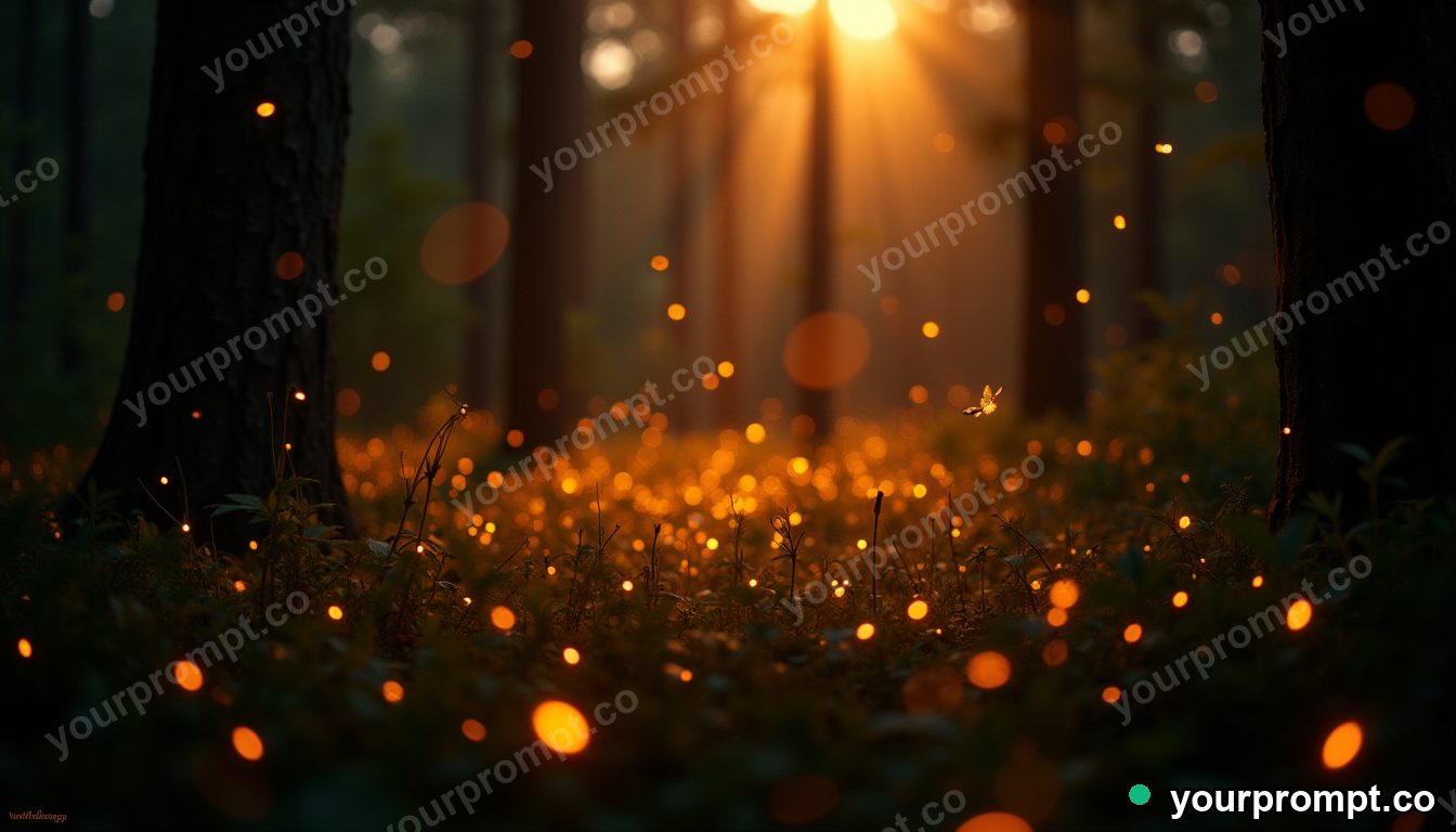 A swarm of fireflies glowing in a dark forest in golden-hour photography style — AI-generated image from a text prompt