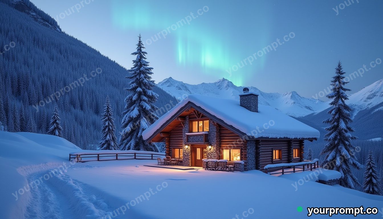 A snow-covered alpine chalet at twilight