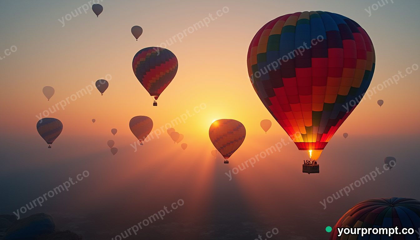 A colorful hot air balloon fiesta rising at dawn