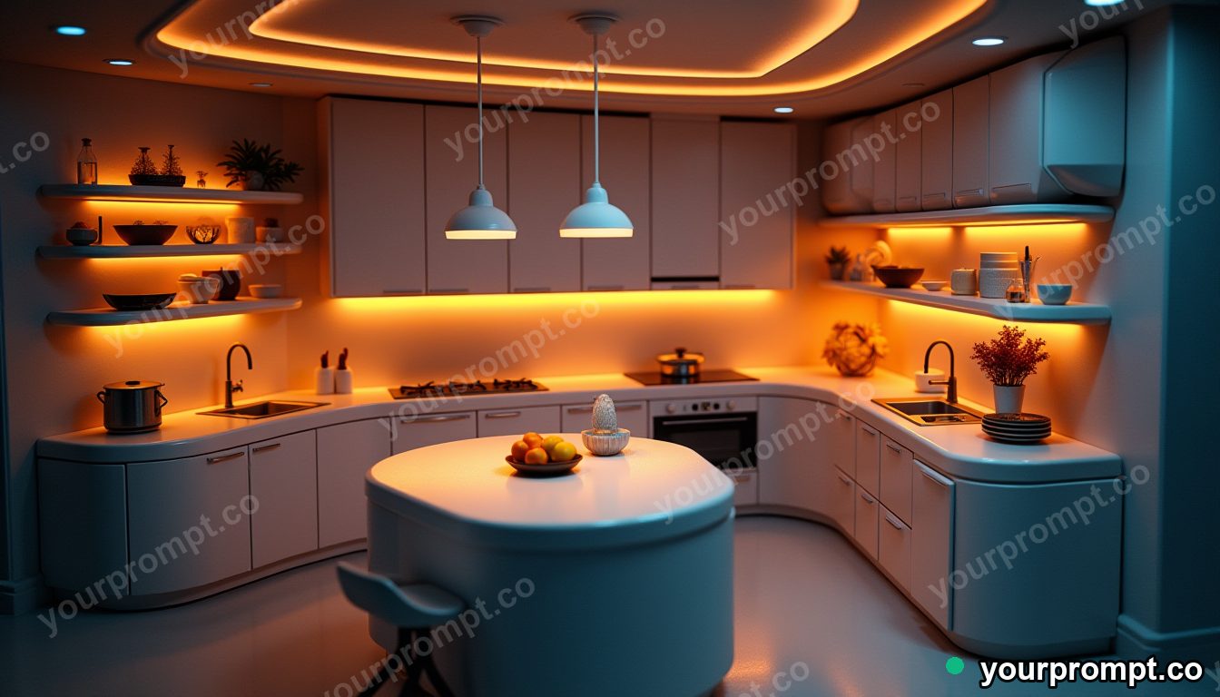 A futuristic smart kitchen with glowing surfaces