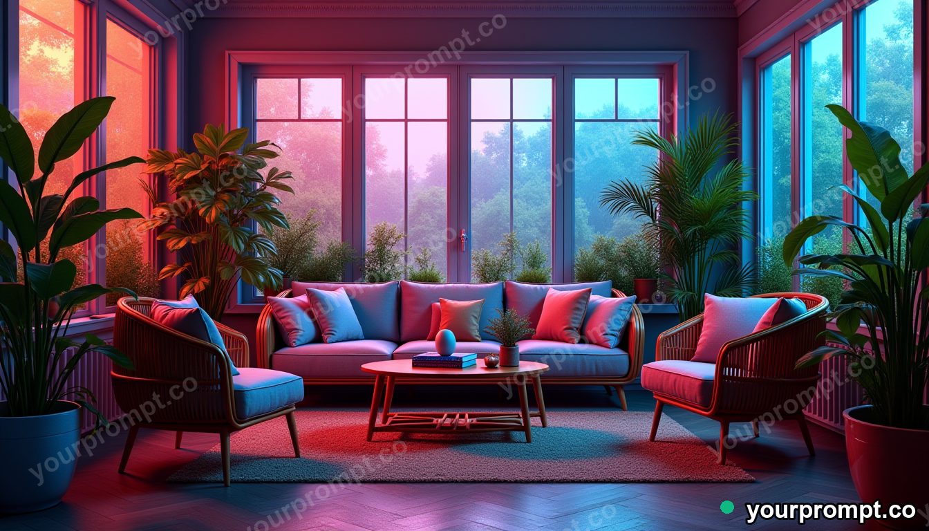 A plant-filled sunroom with rattan furniture