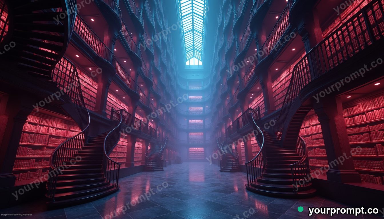 A grand library with spiral staircases and tall shelves