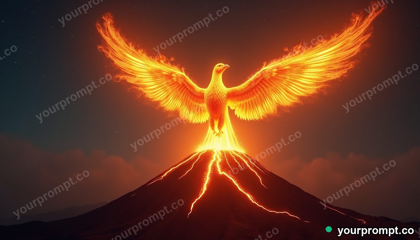 A phoenix made of fire soaring over a volcano