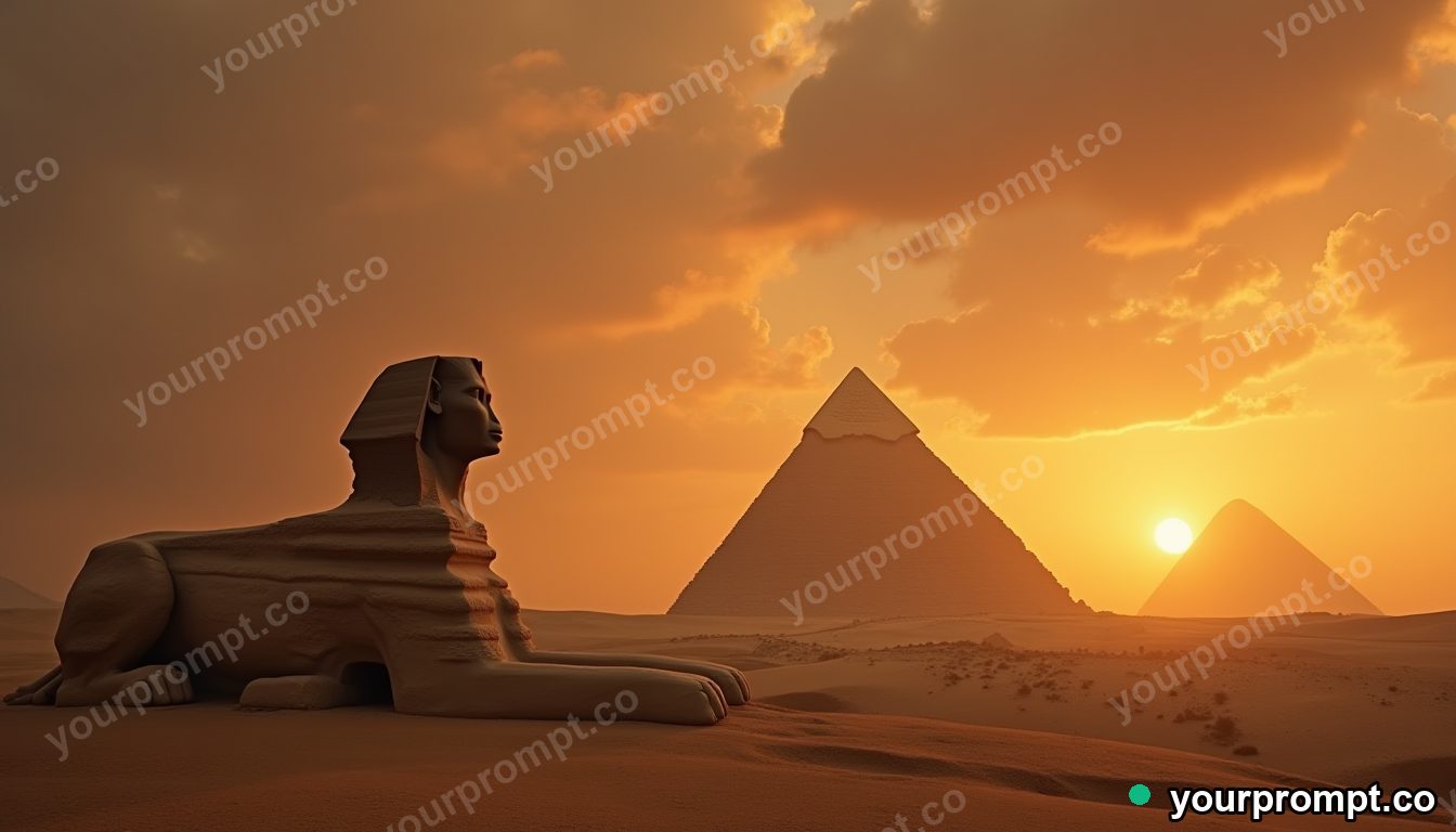 A sphinx beside pyramids at golden dusk